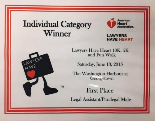 Lawyers Have Heart 10k 1st Place Winner Certificate